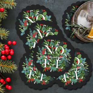 NOEL Winter Greenery Holiday Black Paper Coaster