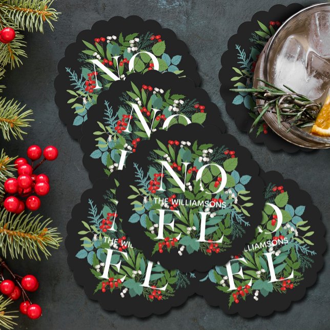 NOEL Winter Greenery Holiday Black Paper Coaster (NOEL winter greenery and berries on black holiday scalloped paper coasters)