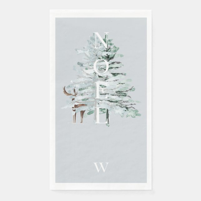 Noel Woodland Deer Monogram Winter Blue Holiday Napkin (Front)