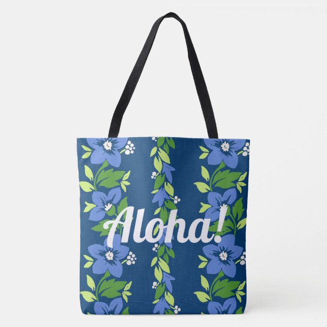 Noelani Lei Hawaiian Floral Stripe Blue Tote Bag (Front)
