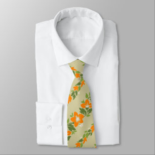 Noelani Lei Hawaiian Floral Stripe Khaki Tie