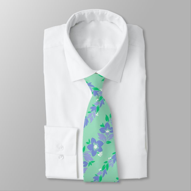 Noelani Lei Hawaiian Floral Stripe Mint Tie (Tied)