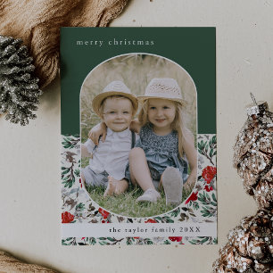 NOELLE Green Red Floral Family Photo Christmas Holiday Card