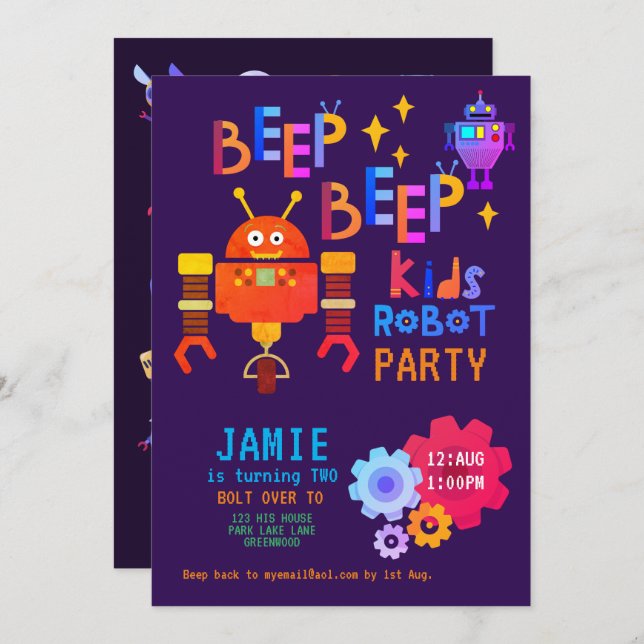 NOEON ROBOT 2nd Birthday Party Boy Girl Funny Invitation (Front/Back)