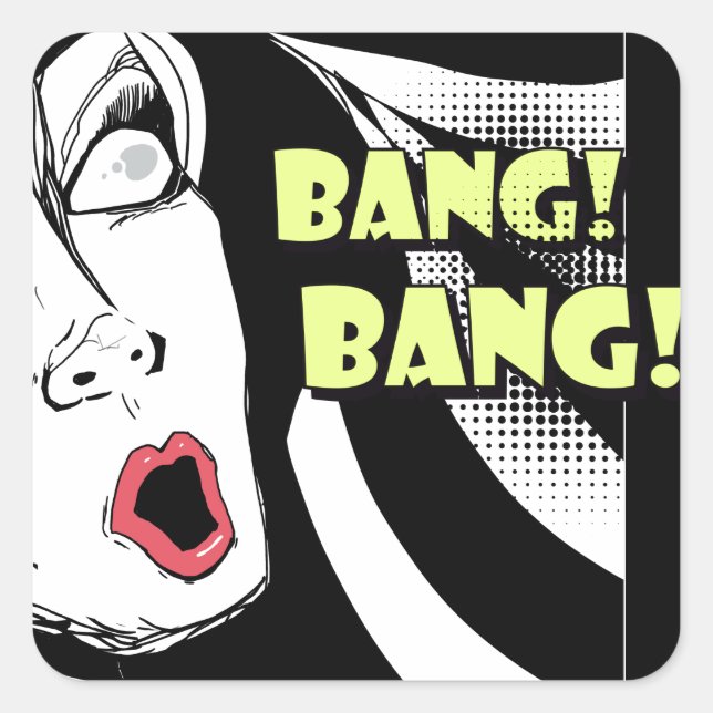 Noir comics style scared woman - bang bang square sticker (Front)