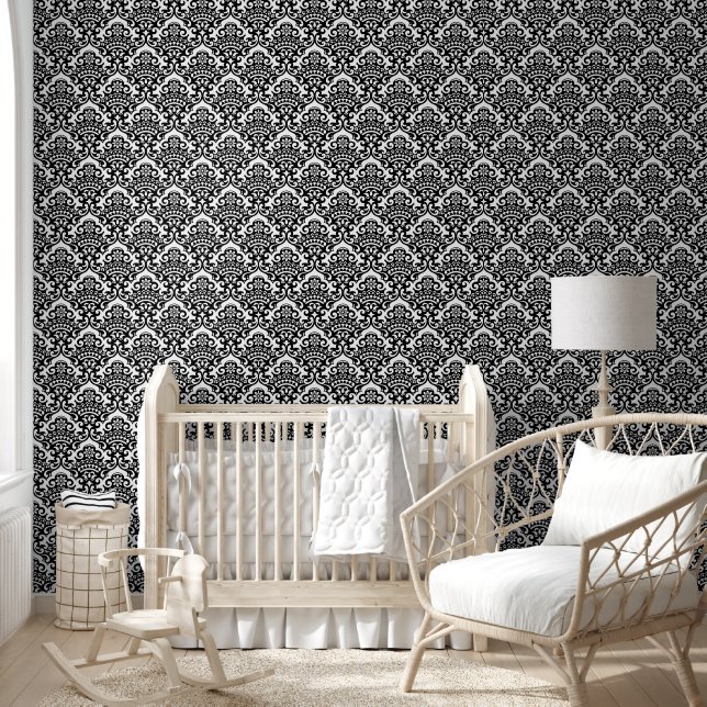 NOIR Jet Black Damask Seamless Pattern Wallpaper (Kids)