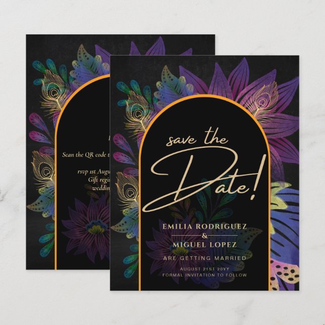 Noir Peacock Jewel Tones Floral Wedding (Front/Back)