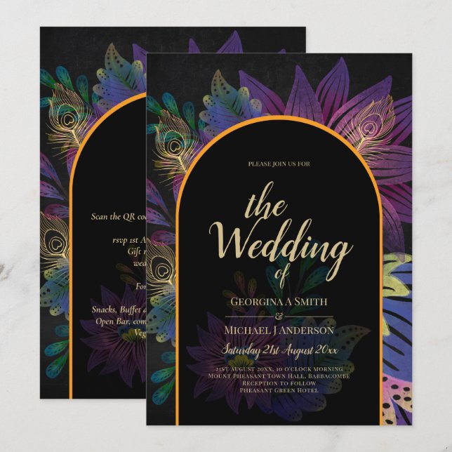 Noir Peacock Jewel Tones Floral Wedding Invitation (Front/Back)