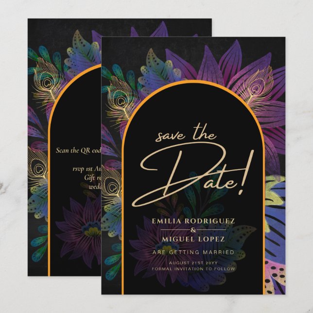 Noir Peacock Jewel Tones Floral Wedding Invitation (Front/Back)