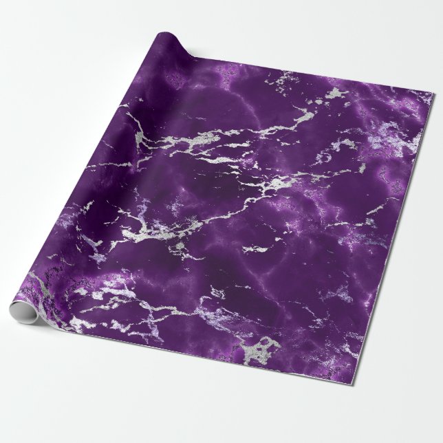Noir Purple Silver Black Marble Shiny Glam Wrapping Paper (Unrolled)