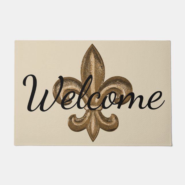 Nola Gold Fleur de Lis Welcome Doormat (Front)
