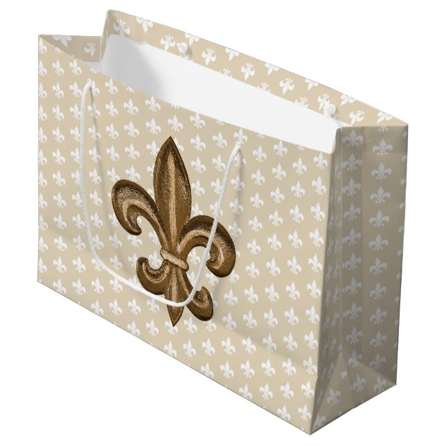 Nola Gold & White French Fleur De Lis Large Gift Bag (Front Angled)