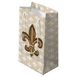 Nola Gold & White French Fleur De Lis Small Gift Bag