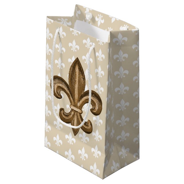Nola Gold & White French Fleur De Lis Small Gift Bag (Front Angled)