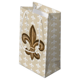 Nola Gold & White French Fleur De Lis Small Gift Bag