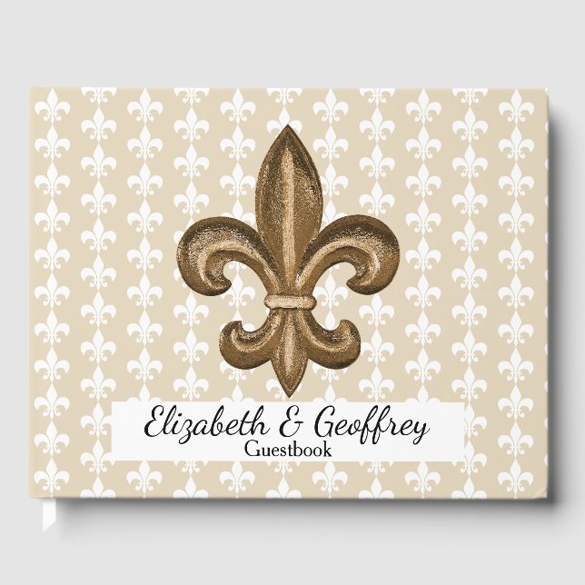 Nola Gold & White French Fleur De Lis Wedding Guest Book (Front)