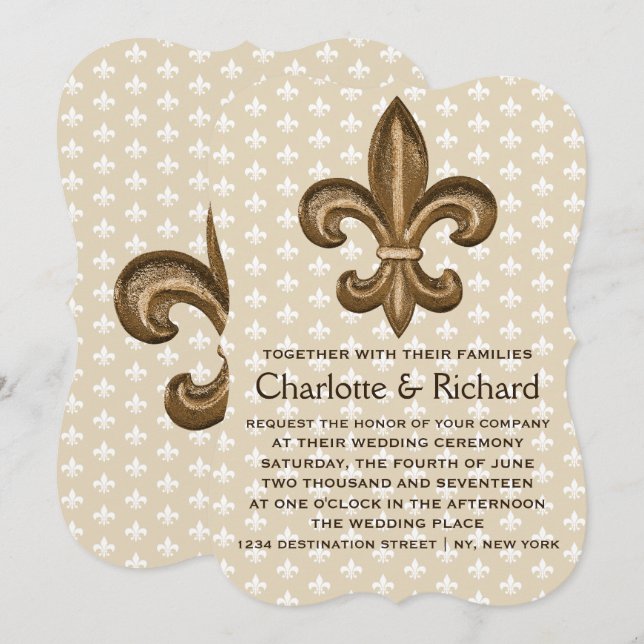 Nola Gold & White French Fleur De Lis Wedding Invitation (Front/Back)