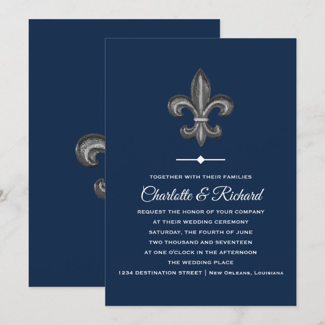 Nola Grey & Navy French Fleur De Lis Wedding Invitation (Front/Back)