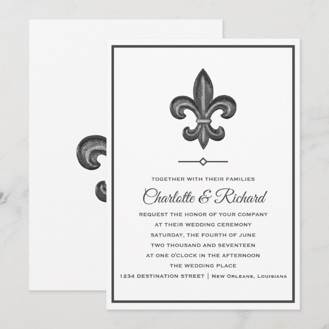 Nola Grey & White French Fleur De Lis Wedding Invitation (Front/Back)