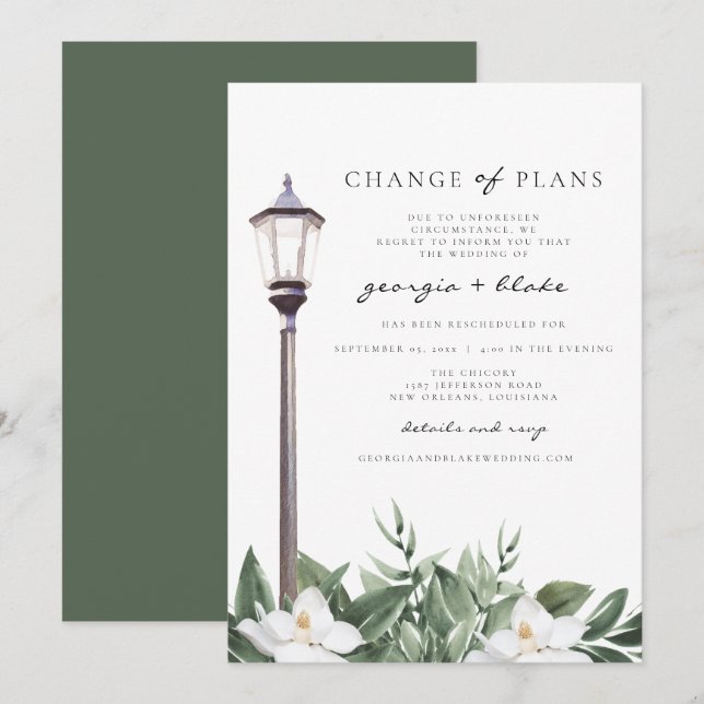 NOLA Watercolor Magnolias Wedding Change of Plans  Invitation (Front/Back)
