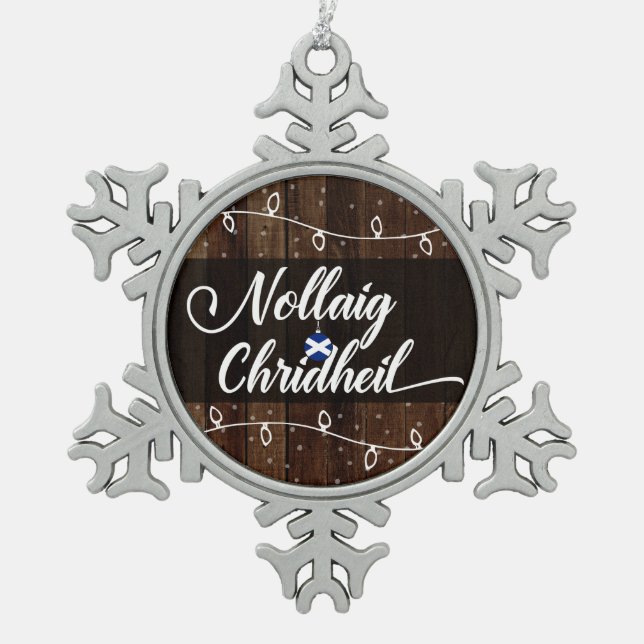 Nollaig Chridheil Scottish Gaelic Merry Christmas Snowflake Pewter Christmas Ornament (Front)