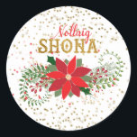 Nollaig Shona Gold Glitter Poinsettia Christmas Classic Round Sticker<br><div class="desc">This decorative Christmas holiday sticker features beautiful poinsettia bouquet surrounded by leaf branches,  gold glitter confetti and text image "Nollaig Shona" (Gaelic) on a white background. Use the customise button to change the background colour or add text. Perfect for holiday cards and invitations.</div>