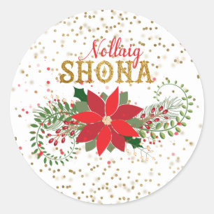 Nollaig Shona Gold Glitter Poinsettia Christmas Classic Round Sticker