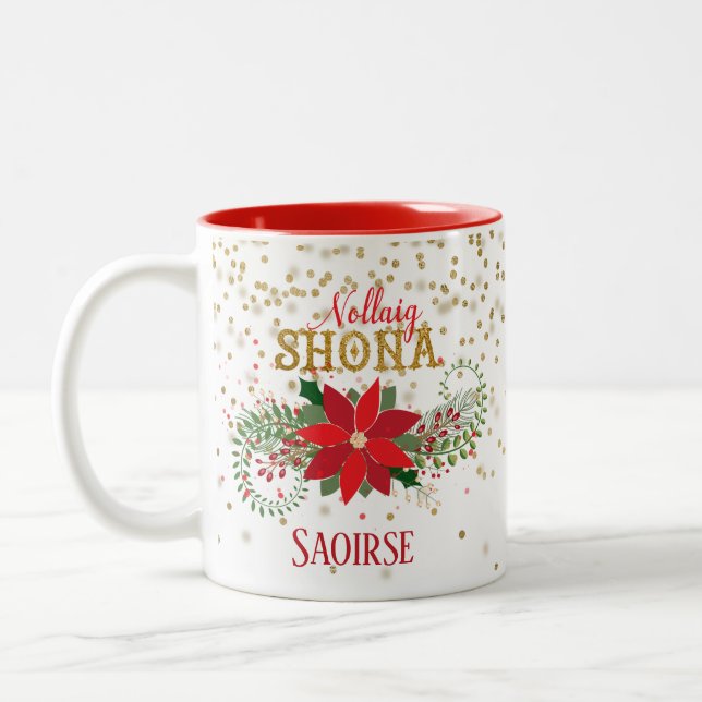 Nollaig Shona Gold Glitter Poinsettia Christmas Two-Tone Coffee Mug (Left)