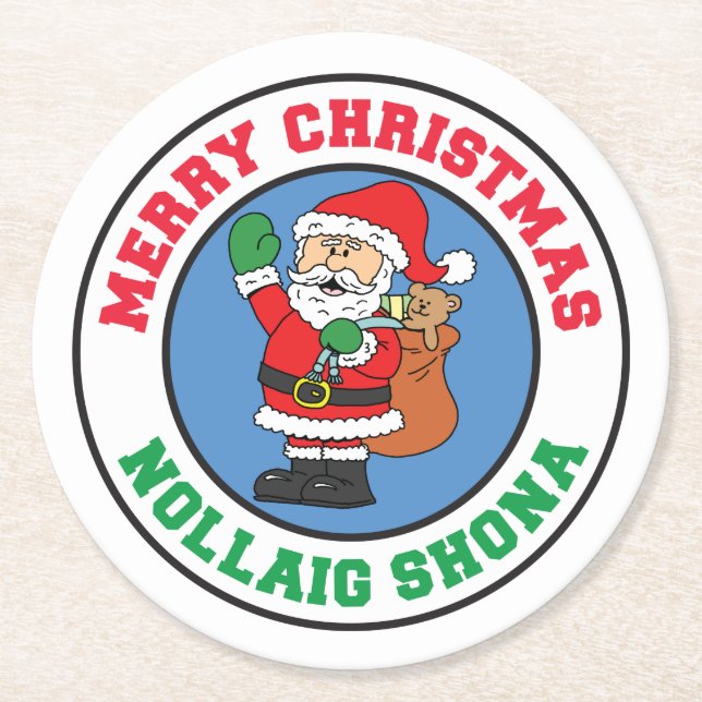 Nollaig Shona Irish Christmas Santa Round Paper Coaster (Front)