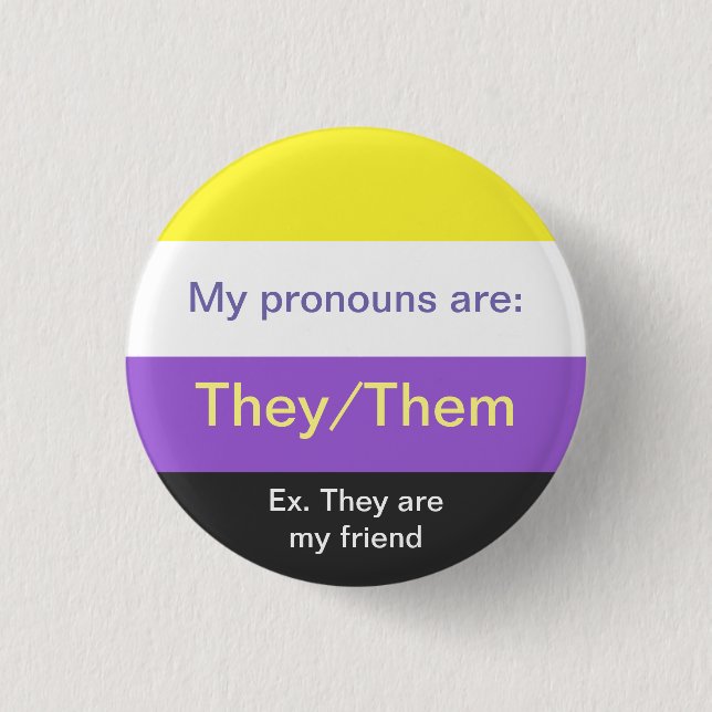 Non-binary flag they/them pronouns button (Front)