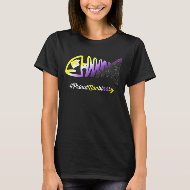 Non Binary Pride Fish Skeleton  Lgbtq Nonbinary Fl T-Shirt (Front)