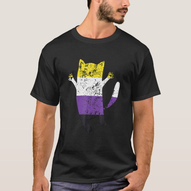 Non Binary Pride Flag Happy Cat Non Binary T-Shirt (Front)