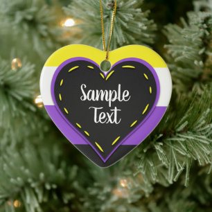 Non-binary pride flag heart with text ceramic tree decoration