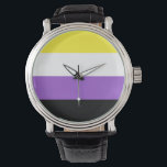 Non Binary Pride Flag Watch<br><div class="desc">Non-binary people may identify as having two or more genders; having no gender; moving between genders or having a fluctuating gender identity; or being third gender or other-gendered, a category that includes those who do not place a name to their gender. Each stripe colour represents different types of non-binary identities:...</div>