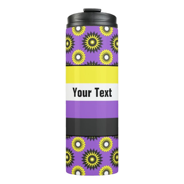 Non-binary pride flag with a purple flower pattern thermal tumbler (Front)