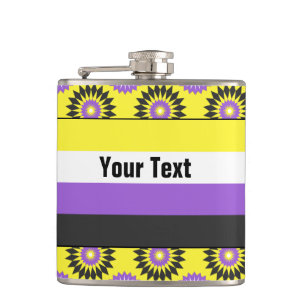 Non-binary pride flag with a yellow flower pattern hip flask