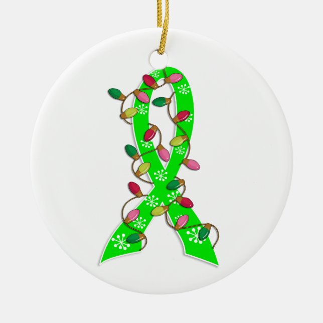Non-Hodgkin's Lymphoma Christmas Lights Ribbon Ceramic Tree Decoration (Front)