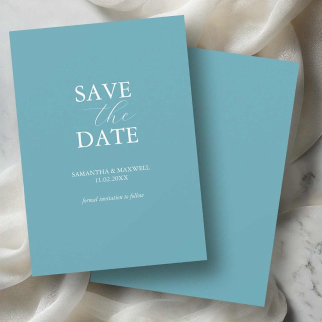 Non Photo Blue Minimal Save The Dates Save The Date (non photo save the dates turquoise blue with white typography minimalist design Victoria Grigaliunas)
