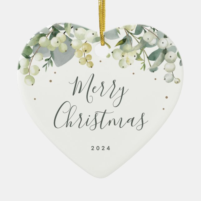 Non-Photo Custom Snowberry Christmas Heart Shaped Ceramic Tree Decoration (Front)