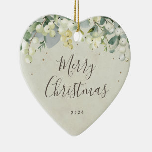 Non-Photo Custom Snowberry Christmas Heart Shaped Ceramic Tree Decoration