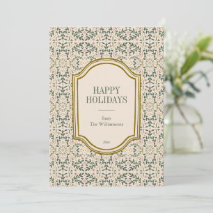 Non-Photo Folk Floral Vintage Christmas Sage Green Holiday Card