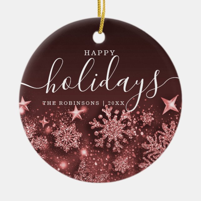 Non Photo Holiday Christmas Glitter Snow Rose Gold Ceramic Tree Decoration (Front)