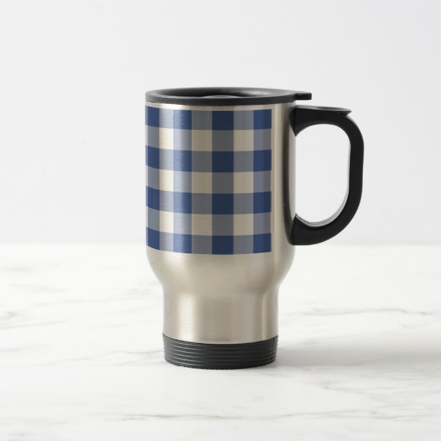 Non-spill Travel Mug, Dark Blue Check Gingham Travel Mug (Right)