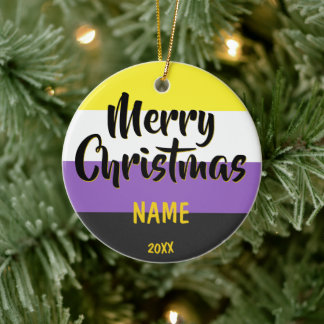 Nonbinary Flag Personalised Christmas Ceramic Tree Decoration