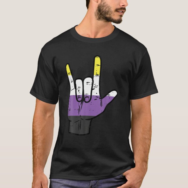 Nonbinary I Love You Hand Sign Language Enby NB Pr T-Shirt (Front)