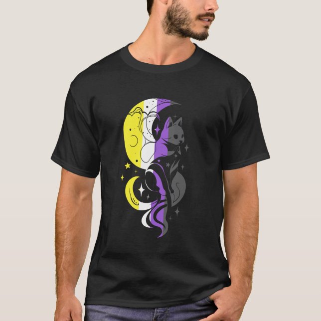 Nonbinary Pride Cat Moon Stars LGBTQ Witchy Style T-Shirt (Front)