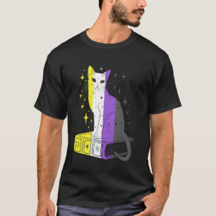Nonbinary Pride Cat on Book Magic Stars LGBTQ Art T-Shirt