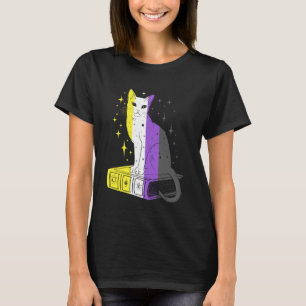 Nonbinary Pride Cat on Book Magic Stars LGBTQ Art T-Shirt