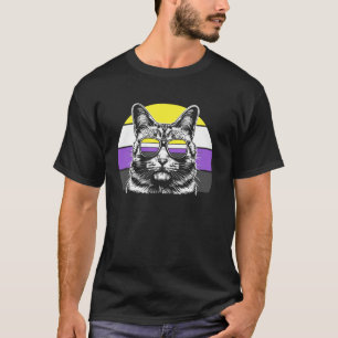 Nonbinary Pride Cat Shades Sunset Retro LGBTQ Vibe T-Shirt