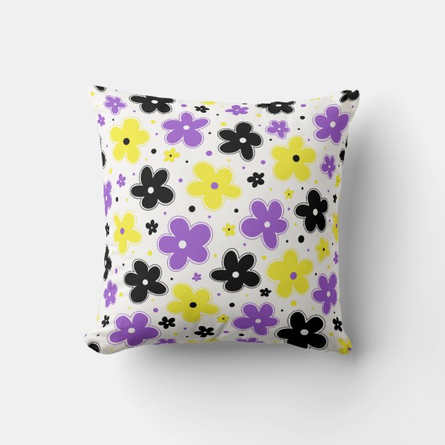 Nonbinary Pride Flag Flowers Doodle Yellow Purple Cushion (Front)